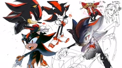 Size: 2480x1395 | Tagged: safe, artist:panhaley54803, maria robotnik, robotnik, shadow the hedgehog, human, 2025, korean text, motorcycle, mouth open, simple background, sketch, sketch page, standing, trio, white background