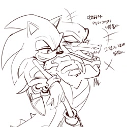 Size: 1283x1283 | Tagged: safe, artist:panhaley54803, sonic the hedgehog, vector the crocodile, 2025, arms folded, blushing, duo, grin, hand on another's shoulder, korean text, lidded eyes, looking at them, monochrome, mouth open, simple background, sketch, smile, standing, white background
