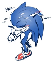 Size: 1063x1293 | Tagged: safe, artist:panhaley54803, sonic the hedgehog, 2025, blushing, english text, eyes closed, grin, hand on own face, simple background, smile, solo, standing, white background