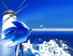 Size: 1743x1338 | Tagged: safe, artist:panhaley54803, sonic the hedgehog, sonic unleashed, 2025, apotos, building, daytime, outdoors, scenery, solo, standing, water, windmill
