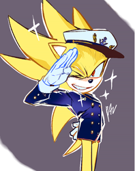 Size: 656x828 | Tagged: safe, artist:panhaley54803, sonic the hedgehog, super sonic, hedgehog, the murder of sonic the hedgehog, 2025, alternate outfit, arm behind back, grin, hat, jacket, male, salute, simple background, smile, solo, standing, super form, wink