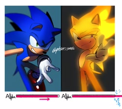 Size: 2216x1974 | Tagged: safe, artist:panhaley54803, sonic the hedgehog, super sonic, hedgehog, english text, grin, korean text, male, smile, solo, standing, super form