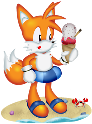 Size: 827x1111 | Tagged: safe, artist:itsscarfy, miles "tails" prower, fox, beach, classic sonic (universe), classic tails, food, holding something, ice cream, inner tube, licking lips, looking at something, male, sand, seashell, smile, solo, standing, tongue, tongue out