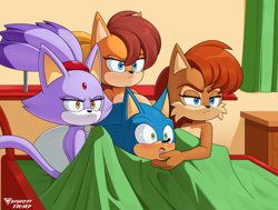Size: 2206x1670 | Tagged: suggestive, artist:byghosteduard, blaze the cat, sally acorn, sonic the hedgehog, tiara boobowski, cat, chipmunk, hedgehog, bed, bedroom, blanket, blushing, female, indoors, looking offscreen, male, manx cat, naked, open mouth, pillow, polyamory, sally x sonic, shipping, sitting, sonaze, sonic x tiara, straight
