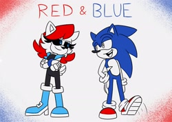 Size: 2048x1451 | Tagged: safe, artist:kittytale, sally acorn, sonic the hedgehog, chipmunk, hedgehog, 2026, alternate universe, arms folded, au:all in (kittytale), duo, english text, female, looking at each other, male, open smile, roboticized, sally x sonic, scar, shipping, smile, smiling at each other, straight, tongue