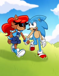 Size: 1583x2048 | Tagged: safe, artist:kittytale, sally acorn, sonic the hedgehog, chipmunk, hedgehog, 2026, alternate universe, archie sonic the hedgehog, au:all in (kittytale), classic sally, classic sonic, classic sonic (universe), clouds, day, duo, female, grass, hill, holding hands, looking at each other, male, open mouth, open smile, outdoors, roboticized, sally x sonic, shipping, smile, smiling at each other, straight, walking, younger