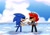 Size: 2048x1451 | Tagged: safe, artist:kittytale, sally acorn, sonic the hedgehog, chipmunk, hedgehog, 2026, alternate universe, aquaphobia, archie sonic the hedgehog, au:all in (kittytale), clouds, daytime, duo, eyes closed, female, looking at each other, male, open mouth, open smile, outdoors, roboticized, sally x sonic, scar, shipping, smile, smiling at each other, standing, straight, sweatdrop, tongue, water