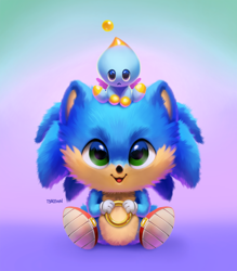 Size: 836x956 | Tagged: safe, artist:tsaoshin, cheese (chao), sonic the hedgehog, chao, hedgehog, 2022, agender, cheeseabetes, cute, duo, holding something, male, reflection, reflection in eye, ring, shoes, sitting, smile, sonabetes