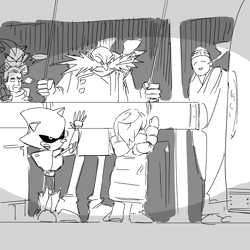 Size: 2000x2000 | Tagged: safe, artist:panhaley54803, metal sonic, robotnik, sage, shadow the hedgehog, sonic frontiers, 2024, eyes closed, g.u.n. commander, greyscale, group, holding something, monochrome, robot, sketch, smile, standing
