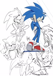 Size: 1431x2048 | Tagged: safe, artist:panhaley54803, sonic the hedgehog, 2024, arm behind head, arms behind head, grin, head rest, looking at viewer, one eye closed, simple background, sketch, sketch page, smile, solo, standing, white background