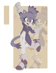 Size: 827x1088 | Tagged: safe, artist:danfydoodles, blaze the cat, cat, blaze's tailcoat, blushing, clothes, dress, echo background, female, open mouth, open smile, raised leg, shoes, solo
