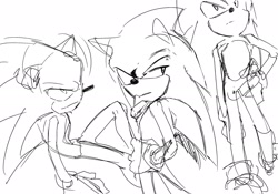 Size: 2048x1431 | Tagged: safe, artist:panhaley54803, sonic the hedgehog, 2024, greyscale, hand on hip, monochrome, simple background, sitting, sketch, sketch page, solo, standing, white background