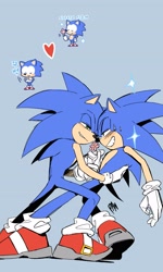 Size: 2079x3459 | Tagged: safe, artist:panhaley54803, sonic the hedgehog, 2024, blushing, duo, flower, gay, grey background, grin, hand on another's back, heart, holding something, lidded eyes, looking at each other, looking at them, reference inset, self paradox, selfcest, shipping, simple background, smile, sonic x sonic, sparkles, standing, sweat