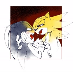Size: 2048x2014 | Tagged: suggestive, artist:panhaley54803, sonic the hedgehog, super sonic, after kiss, blushing, border, dark sonic, duo, gay, hand on another's chin, hand on another's face, lidded eyes, looking at each other, looking at them, mouth open, saliva, saliva trail, self paradox, selfcest, shipping, sonic x sonic, super form, tongue out, white border