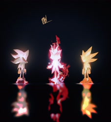 Size: 3012x3321 | Tagged: safe, artist:panhaley54803, blaze the cat, burning blaze, shadow the hedgehog, sonic the hedgehog, super shadow, super sonic, black background, fire, from behind, reflection, simple background, standing, super form, trio