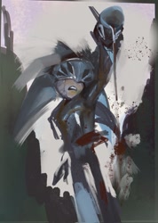 Size: 1455x2048 | Tagged: safe, artist:panhaley54803, silver the hedgehog, hedgehog, sonic and the black knight, armor, blood, crying, helmet, holding something, knight armor, male, mouth open, pouring, sir galahad, solo, standing, sword, tears, weapon