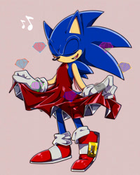 Size: 827x1035 | Tagged: safe, artist:mina-magi, sonic the hedgehog, hedgehog, clothes, crossdressing, dress, eyes closed, male, open mouth, open smile, solo