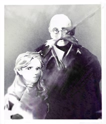 Size: 2529x2965 | Tagged: safe, artist:panhaley54803, gerald robotnik, maria robotnik, human, border, duo, looking at viewer, monochrome, white border