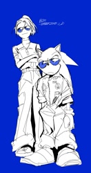 Size: 1053x2000 | Tagged: safe, artist:panhaley54803, sonic the hedgehog, oc, human, blue background, duo, english text, monochrome, pants, shirt, simple background, smile, song name, standing, sunglasses
