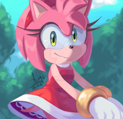 Size: 900x871 | Tagged: safe, artist:angiethecat, amy rose, hedgehog, amy's halterneck dress, clothes, deviantart watermark, dress, female, gloves, headband, looking at viewer, smile, smiling at viewer, solo