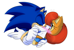 Size: 1256x846 | Tagged: safe, artist:risziarts, sally acorn, sonic the hedgehog, chipmunk, hedgehog, 2020, blushing, duo, envelope, eyes closed, female, hand on another's back, holding something, holding them, male, sally x sonic, sally's ringblader outfit, shipping, straight, surprised, transparent background, valentine's day