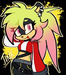 Size: 1803x2048 | Tagged: safe, artist:willowails, oc, oc:jinx (willowails), tenrec, 2026, beanbrows, character name, cute, eye clipping through hair, eyebrow clipping through hair, fankid, looking at viewer, magical lesbian spawn, oc only, ocbetes, outline, parent:amy, parent:surge, parents:surgamy, ponytail, smile, solo, tongue out