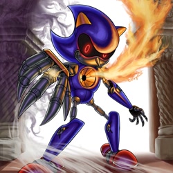 Size: 1080x1080 | Tagged: safe, artist:vixy6666, metal sonic, 2026, backlighting, black sclera, fire, glowing eyes, looking at viewer, reaching towards the viewer, ring (jewelry), robot, shine, solo, sonic and the secret rings, standing