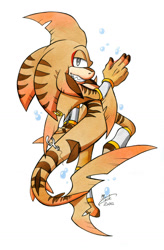 Size: 1024x1562 | Tagged: safe, artist:finikart, oc, oc:kaze the australian bull shark, 2016, australian bull shark, bubbles, bull shark, clenched teeth, fishing hook, lidded eyes, looking back, looking back at viewer, male, oc only, shark, sharp teeth, signature, simple background, smile, smiling at viewer, solo, standing, string, white background