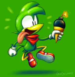 Size: 684x700 | Tagged: safe, artist:girgrunny, bean the dynamite, bomb, green background, holding something, ice cream, ice cream cone, mouth open, open smile, simple background, smile, solo, tongue out, treads