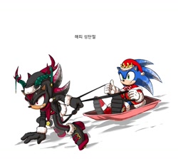 Size: 1476x1319 | Tagged: safe, artist:marimo838, shadow the hedgehog, sonic the hedgehog, christmas, clenched teeth, duo, fake horns, holding something, korean text, looking at them, santa hat, santa outfit, simple background, sitting, sled, sledding, smile, snow, snowdrift sonic, thumbs up, white background