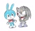 Size: 889x797 | Tagged: safe, artist:marimo838, feels the rabbit, shadow the hedgehog, sonic the hedgehog, rabbit, chibi, cute, duo, feelabetes, looking at them, scar, simple background, smile, standing, sweat, terios the hedgehog, teriosabetes, white background