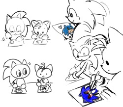 Size: 1000x872 | Tagged: safe, artist:marimo838, miles "tails" prower, sonic the hedgehog, oc, oc:sonic.exe, blood, comic, drawing, duo, heart, holding something, looking at them, simple background, sketch, smile, white background