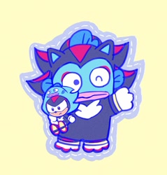 Size: 912x953 | Tagged: safe, artist:marimo838, shadow the hedgehog, arm up, character doll, chibi, cosplay, crossover, fish, hangyodon, holding something, hood, one eye closed, sanrio, simple background, smile, solo, standing, yellow background