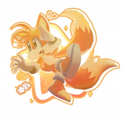 Size: 2048x2048 | Tagged: safe, artist:ladyvaida, miles "tails" prower, fox, 2026, classic tails, looking offscreen, male, mouth open, one fang, open smile, outline, redraw, salute, simple background, smile, solo, treads, white background