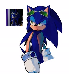 Size: 1897x2048 | Tagged: safe, artist:astraalforest, sonic the hedgehog, hedgehog, sonic riders: zero gravity, 2026, ark of the cosmos, clenched fists, eyewear on head, looking offscreen, male, mouth open, redraw, reference inset, solo, standing, sunglasses