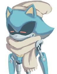 Size: 1170x1506 | Tagged: safe, artist:laeclipse266, metal sonic, 2026, beanie, black sclera, cute, eyes closed, hat, lineless, metalbetes, scarf, simple background, solo, standing, white background