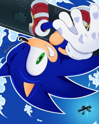 Size: 1638x2047 | Tagged: safe, artist:hushyrus, sonic the hedgehog, hedgehog, sonic adventure 2, 2026, board, clenched teeth, clouds, daytime, falling, helicopter, male, mid-air, outdoors, outline, redraw, smile, smiling at viewer, soap shoes, solo, upside down