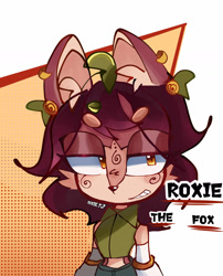 Size: 1280x1584 | Tagged: safe, artist:yulics, oc, oc:roxie the fox, fox, 2026, character sheet, clenched teeth, clothes, eye clipping through hair, female, fur markings, leaf, lidded eyes, looking offscreen, oc only, smile, solo, solo female, text