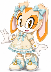 Size: 1051x1497 | Tagged: safe, ai art, cream the rabbit, rabbit, 2026, bow, dress, eyelashes, female, lolita, looking at viewer, simple background, smile, solo, solo female, standing, sweet lolita, white background