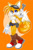 Size: 1024x1554 | Tagged: safe, artist:theskull110, miles "tails" prower, fox, 2025, bag, belly button, belt, chest fluff, clothes, deviantart watermark, ear fluff, eyewear on head, fangs, female, frown, gender swap, goggles, goggles on head, holding something, leg warmers, looking at viewer, mouth open, obtrusive watermark, orange background, outline, short shorts, shorts, signature, simple background, solo, standing, standing on one leg, topless, watermark, white outline, wrench