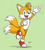 Size: 1059x1170 | Tagged: safe, artist:seraphinetiger, miles "tails" prower, fox, 2026, green background, looking at viewer, male, mouth open, no pupils, one fang, open smile, signature, simple background, smile, smiling at viewer, solo, standing, standing on one leg, waving, waving at viewer