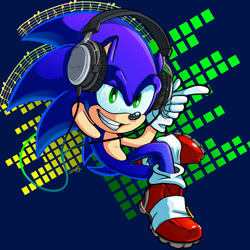 Size: 900x900 | Tagged: safe, artist:zoomswish, sonic the hedgehog, hedgehog, 2019, abstract background, hand behind head, headphones, legs crossed, listening to music, looking at viewer, male, music, pointing, smile, solo, wire
