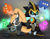 Size: 4547x3553 | Tagged: safe, artist:darthlord1997, shard the metal, whisper the wolf, wisp, wolf, 2026, agender, aiming, female, grin, group, holding something, male, one eye closed, robot, simple background, smile, weapon, wispon