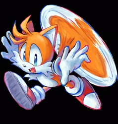 Size: 1953x2048 | Tagged: safe, artist:kirbishii, miles "tails" prower, fox, 2026, arms folded, black background, male, mouth open, one fang, open smile, running, simple background, smile, smiling at viewer, solo, spinning tails, treads
