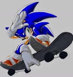 Size: 1948x2048 | Tagged: safe, artist:ommzii, sonic the hedgehog, hedgehog, 2025, devil horns (gesture), grey background, male, salute, simple background, skateboard, smile, solo, treads