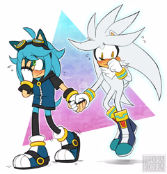 Size: 2492x2592 | Tagged: safe, artist:fedorakoshka, silver the hedgehog, oc, oc:aqua the hedgehog, hedgehog, 2019, boots, canon x oc, clothes, cute, duo, embarrassed, eyewear on head, fingerless gloves, flat colors, floating, flying, gay, gloves, goggles, goggles on head, holding hands, hood, jacket, male, mid-air, outline, psychokinesis, shipping, shoes, shy, smile, stockings, walking, watermark
