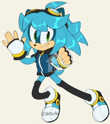 Size: 1068x1200 | Tagged: safe, artist:skuraichu, oc, oc:aqua the hedgehog, hedgehog, 2019, clenched fist, clenched teeth, eyewear on head, fingerless gloves, gloves, goggles, goggles on head, hood, jacket, looking at viewer, male, oc only, shoes, simple background, smile, smiling at viewer, solo, stockings, watermark, waving, white background