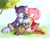 Size: 1024x781 | Tagged: safe, artist:lunaerim, amy rose, sonic the hedgehog, hedgehog, daytime, duo, female, grass, hand on another's head, kneeling, looking at each other, male, outdoors, sitting, sonic the werehog, treads