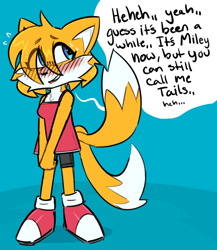 Size: 1651x1903 | Tagged: safe, artist:dazey.gay, miles "tails" prower, fox, 2026, blushing, clothes, dialogue, english text, eye clipping through hair, eyebrow clipping through hair, female, looking away, shy, smile, solo, talking, text, trans female, trans girl tails, transgender