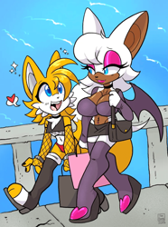 Size: 742x1000 | Tagged: safe, artist:2tailshota, miles "tails" prower, rouge the bat, bat, fox, 2025, alternate outfit, alternate universe, arm sleeves, bag, belly button, belly piercing, boots, bracelet, busty rouge, choker, cleavage, clothes, crop top, crossdressing, daytime, duo, duo male and female, eyelashes, female, femboy, fishnets, friendship, happy, heart, heels, looking at each other, male, midriff, mouth open, open smile, outdoors, paws, shopping bag, shorts, skirt, smile, smiling at each other, sparkles, stockings, talking, thong, toeless shoes, walking